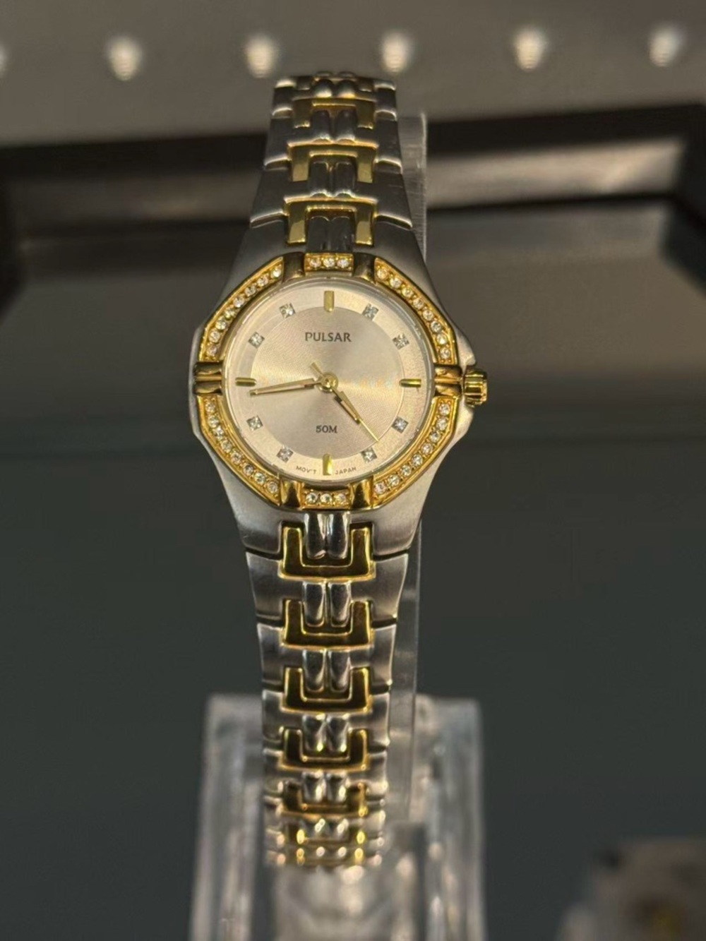 Vintage Pulsar Ladies Quartz Watch Two Tone Crystal Bezel 50M New Battery Runs